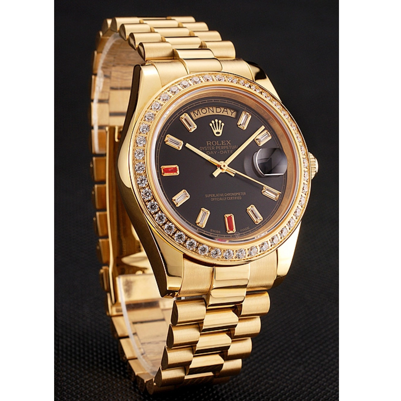 Aaa fake watches Dial Gold Rolex Bracelet Rubies Diamonds Black 1454101 Day-Date And Swiss 0624